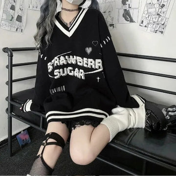 Getadme-Gothic Y2k Letter Black Sweater Women Harajuku Punk Dark Grunge Oversize Knitted Top Japanese Style Jk Jumper Female